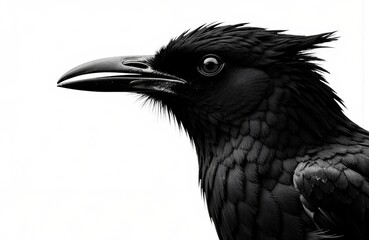 A detailed illustration of a black crow facing to the right with a sharp beak and textured feathers