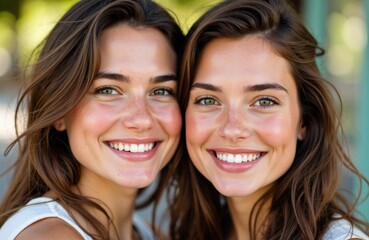 Two smiling young women with bright expressions outdoors on a sunny day