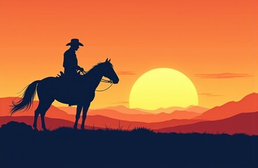 Fototapeta premium A cowboy riding a horse during a vibrant sunset scene