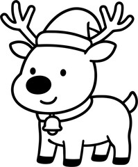 Fototapeta premium Cute Christmas Deer Vector line Art Featuring a Joyful Reindeer Wearing a Santa Hat and a Bell for Festive Decorations and Holiday Illustrations