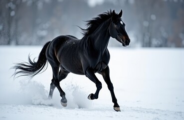 Black horse running through snow in winter landscape