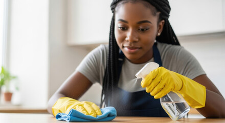 A young insdustrial cleaner cleaning large office building glass windows from outside using a lift platform, safety harness on, skyline in the background