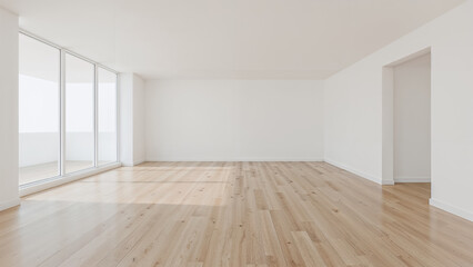 Bright empty room with wooden floor and large windows interior natural light