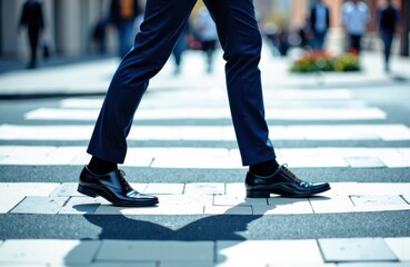 Fototapeta premium A man in formal shoes walks across a pedestrian crosswalk in an urban setting