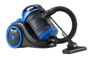 Blue and black canister vacuum cleaner angled, showing hose and nozzle