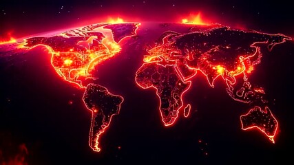 Dramatic World Map Animation with Glowing Red Outlines and Burning Effects - Powered by Adobe
