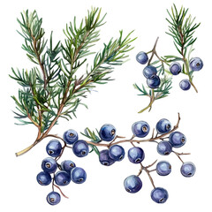 Painted in watercolor, this artistic juniper berry branch set collection features a clean composition, hand-drawn with elegance, isolated on white, vector EPS. vectorized, illustration © sabart