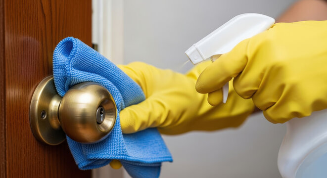 Closeup shot of women cleaning a door nob with a bloth using cleaning liquid wearing yellow golves