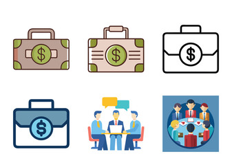 Business Meeting and Finance Related Icons, Briefcases, and a Team