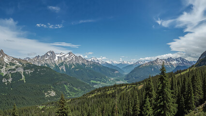Obraz premium Majestic mountain panorama showcasing lush green forests and snowy peaks under a clear blue sky during a sunny summer day