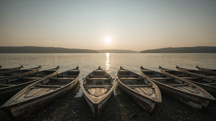 Wooden boats docked on calm lake at sunset water