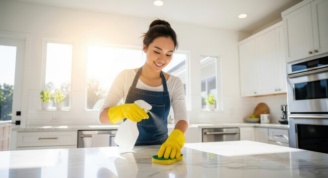 Young asian girl cleaning the shiny kitchen pantry top with a big smile