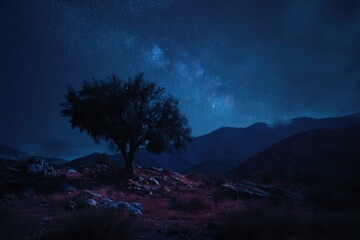 Fototapeta premium Lone Tree Silhouetted Against Starry Sky in Moody, Deep Blue Tones with Red-Hued Ground