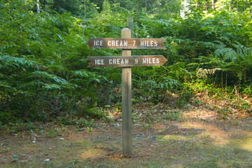 Closeup of a wooden sign displaying distance to ice cream via either direction along the Heart of Vilas County Bike Trail near Boulder Junction, Wisconsin.