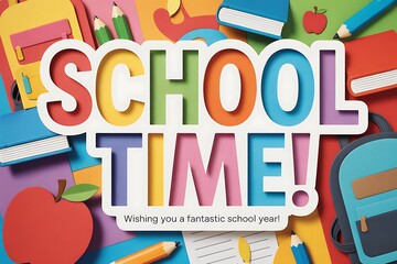 School Time colorful illustration with vibrant letters, backpacks, pencils, and apples, perfect for back-to-school promotions