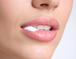 Fototapeta premium Curd or cream between lips, close-up of woman’s mouth and teeth on soft neutral background, beauty and skincare concept