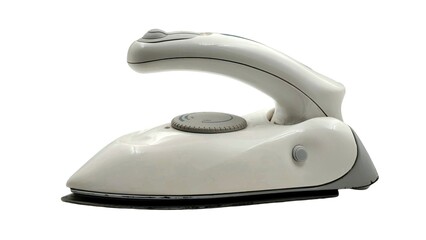 Photo of a compact white travel steam iron with ergonomic foldable handle, ideal for lightweight...