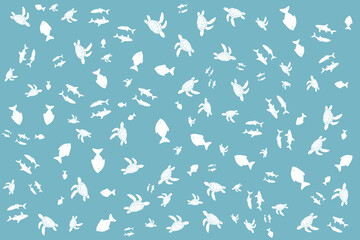 Minimalist Marine Life Pattern: Turtles, Sharks, Fish, and Underwater Creatures on Blue Background