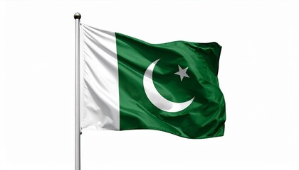 The national flag of Pakistan&mdash;a rich green field with a white vertical stripe on the hoist side, featuring a white crescent moon and five-pointed star. Symbolic, proud, and formal composition with str