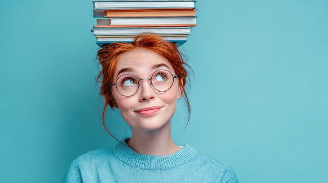 Playful redhead teen balancing books on head.  Playful expression. Ideal for educational content, student life promotions, youth campaigns, book-related marketing, humor pieces, back-to-school.