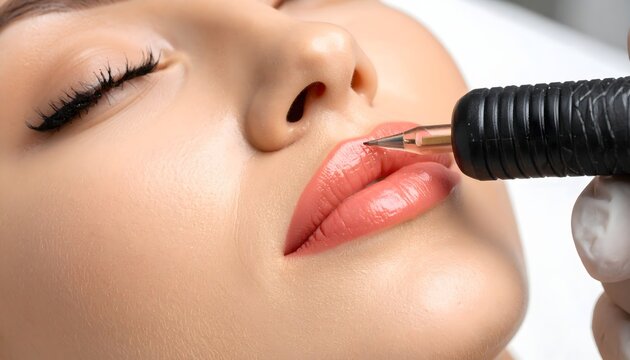 Lip blushing procedure close-up, technician with white gloves applying pigment to woman&rsquo;s lips using cosmetic tattoo device