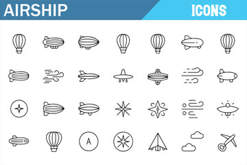 Aviation Icons: Airships, Balloons, Airplanes, and Weather Symbols