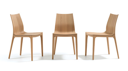 Three chairs are lined up on a white background, crafted from light-colored wood, showcasing their modern design and minimalist aesthetic.