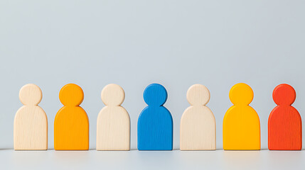 Diverse Wooden Figures: A colorful representation of people standing in a row, symbolizing unity, community, and individuality. Connection and diversity concept.