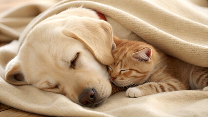 Adorable dog and cat cuddling together under a cozy blanket in a warm, inviting setting showcasing friendship and companionship in pets