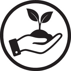 Nurturing Nature &ndash; Eco Growth in Circle, green growth symbol, hand holding plant, Black and White Silhouette