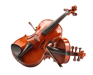 Fototapeta premium Two violins, rich reddish-brown wood, overlapping, classic design, isolated on black background