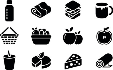 Simple Black Glyph Icons: Picnic Basket, Food, Drinks, and Snacks