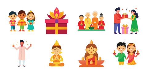 Fototapeta premium Vector art of diwali festival celebration with people exchanging gifts, families, and religious symbols isolated on white background