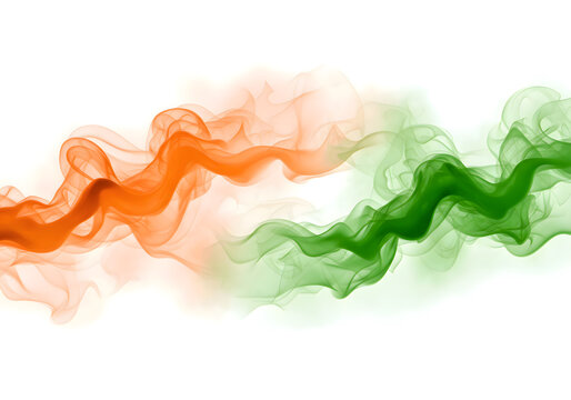 A creative interpretation of the Indian tricolor using flowing smoke in saffron, white, and green hues, symbolizing the national flag in an abstract, modern form.