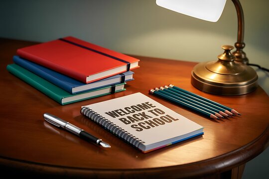 Inspiring back to school scene with vintage desk lamp, notebooks, pencils, and elegant fountain pen for educational materials and creative learning