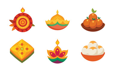 Vector art of diwali food, sweets, and decorations, isolated on white background