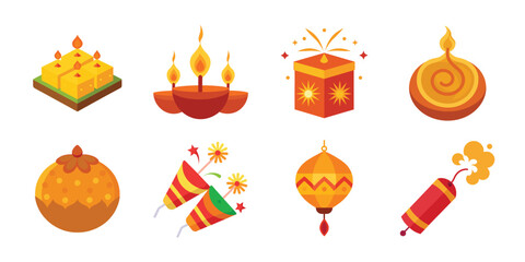 Vector art of diwali festival celebration with traditional lamps, firecrackers, sweets, and gifts isolated on white background