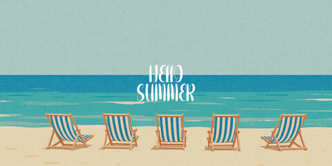 Abstract summer minimal horizontal poster, cover, banner, card with bright sea, blue sky and striped beach chairs. Summer holidays, journey, vacation travel illustration.