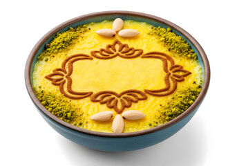 Traditional Persian Sholeh Zard Saffron Rice Pudding Dessert in a bowl, Isolated on White Background