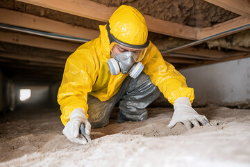 Worker in protective suit examining potential hazard in crawl space of home, wearing respirator and gloves, removing substance with tool.