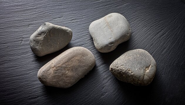 four rough hewn stones on dark gray slate base