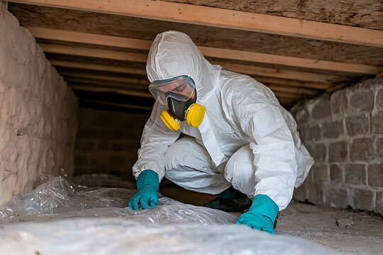 Worker in protective suit and mask crawls on plastic, potentially inspecting or cleaning a crawl space or other enclosed area for safety or remediation.