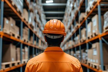 Warehouse worker in safety gear. Focused on inventory management, amidst organized shelves, ensuring efficient logistics and supply chain operations.