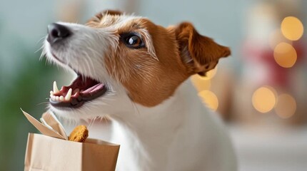 Excited dog unwrapping gift with joyful anticipation and bright holiday bokeh