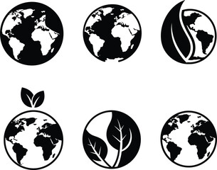 Eco-Friendly and Environmental Icons Collection. A Vector Illustration Set of Earth Globes with Leaves for Sustainability, Nature, and Green Energy.