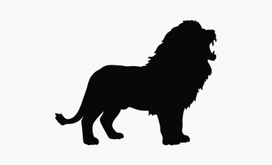 Lion silhouette, lion with mane big cat black silhouette, wild animal profile, mane lion vector, standing lion pose   