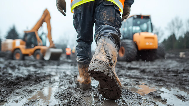 Mud-caked boots walk across a construction site; diggers and heavy equipment blurred in the background. Wet, muddy, and tough outdoor work conditions. - Powered by Adobe