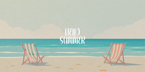 Abstract summer minimal horizontal poster, cover, banner, card with bright sea, blue sky and striped beach chairs. Summer holidays, journey, vacation travel illustration.