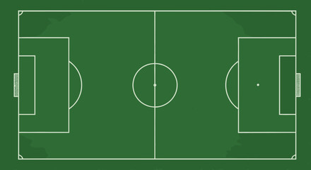 Top view of soccer football field with green grass texture, white boundary lines and center circle layout - cad drawing flat vector illustration