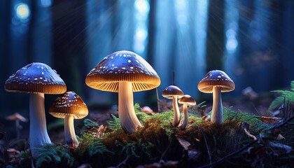 Fototapeta premium luminous mushrooms in a mystical forest at night with glowing elements and dark surroundings